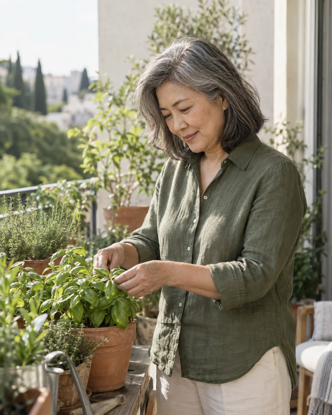 Staged everyday scene of a woman in her sixties enjoying her hobby of growing herbs on a balcony