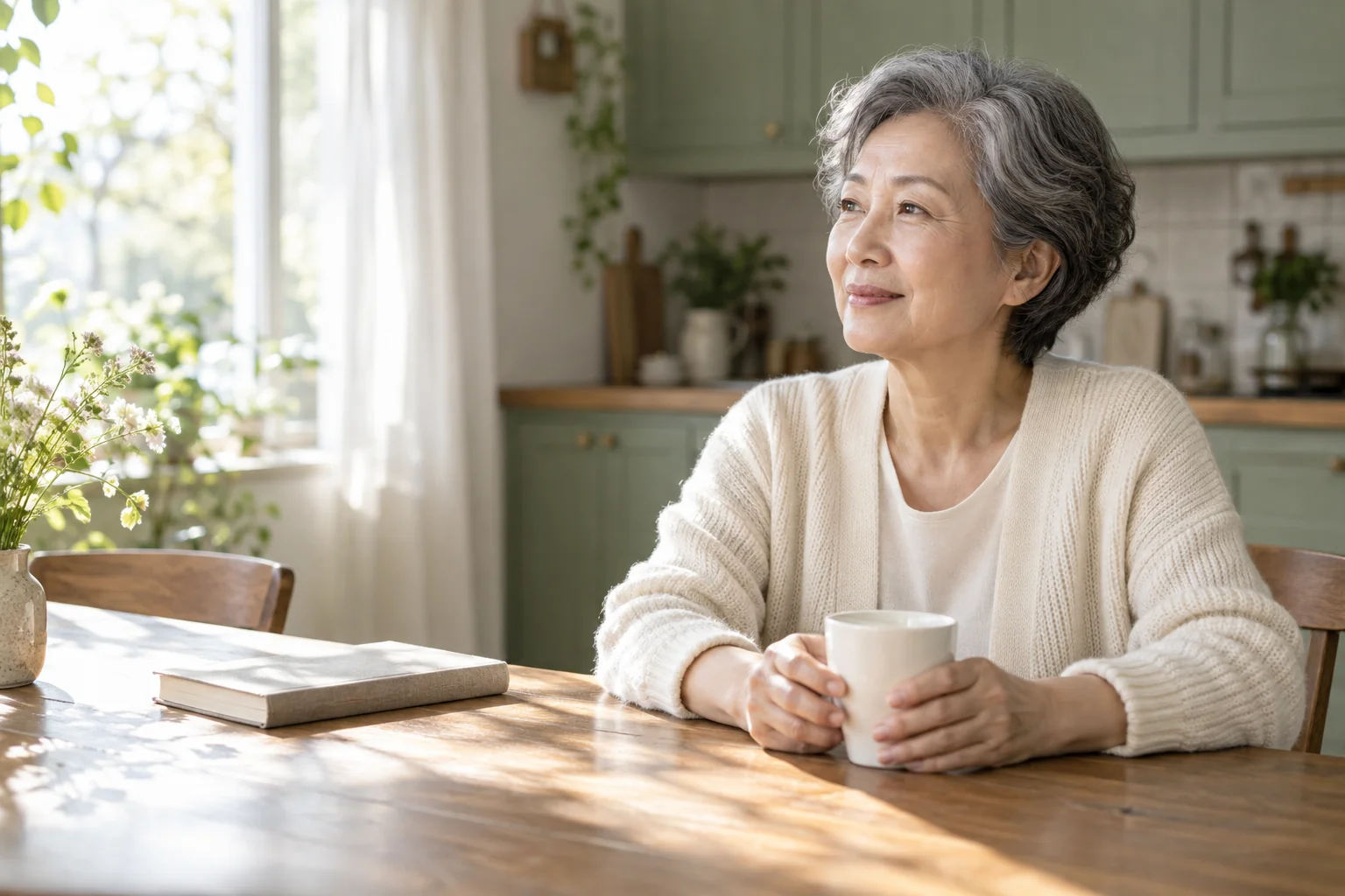 Staged everyday scene of a woman in her sixties taking time for herself beside a teacup in a sunlit home