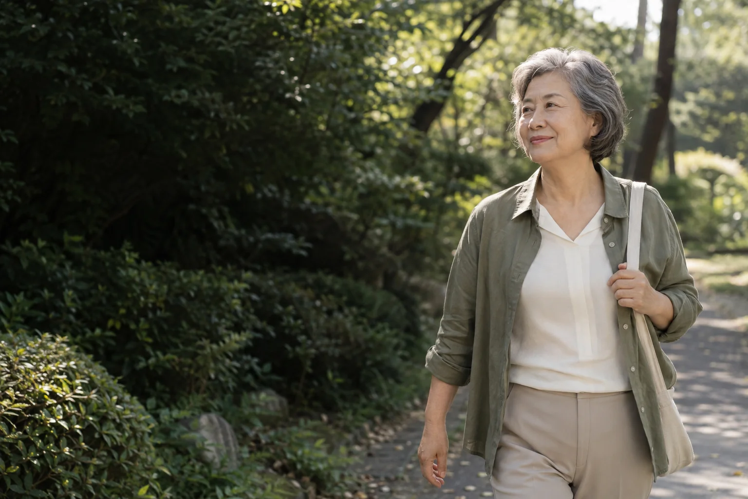 Staged everyday scene of a woman in her sixties walking at her own pace along a leafy path