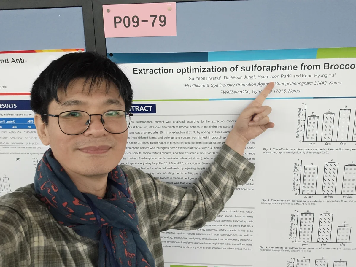 学会の研究ポスターの前でスルフォラファン抽出研究を説明するパク・ヒョンジュン代表