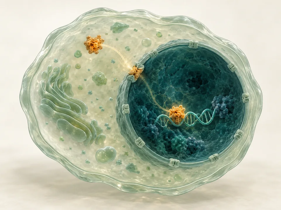 세포와 세포핵, 핵 내부의 DNA와 단백질로 표현한 NRF2 연구 경로 개념도